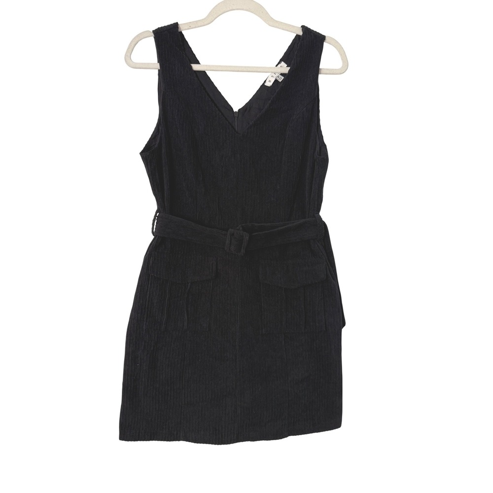 Hyfve Corduroy Pinafore Dress Women M Black V-Neck Belted Mini HF23F646